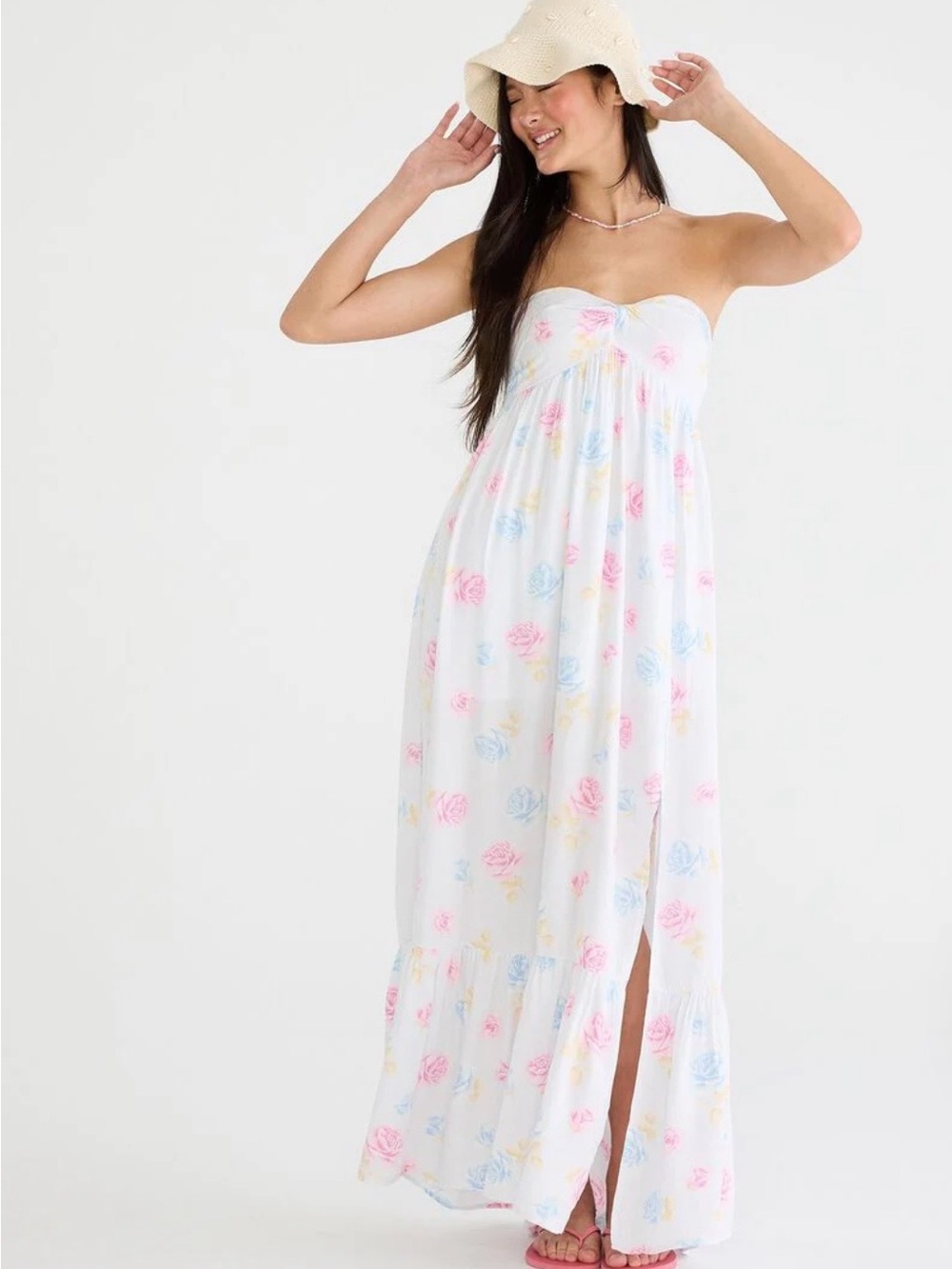 Aeropostale White Strapless Floral Maxi Dress with Pink & Blue Accents